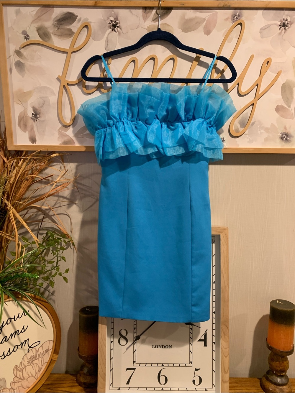 Ruffled Strapless Blue Mini Dress